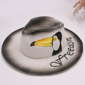 Chapeau de plage en paille de papier flamant rose étoile de mer <span class=keywords><strong>Capeline</strong></span> peinture à la main pour femmes - Product Image 5