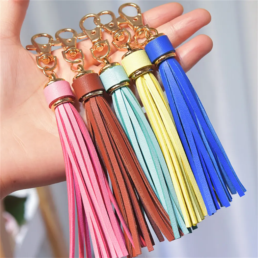 PU Leather Tassel Keychain Gold Plated Keyring Bag Charm ,leather tassel manufacturer