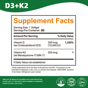Cápsulas Blandas de Vitamina D3+K2, 2000 UI D3 + 100mcg K2, Base de Aceite de Coco Virgen, 90 Cápsulas Blandas, Suplemento Dietético - Product Image 2