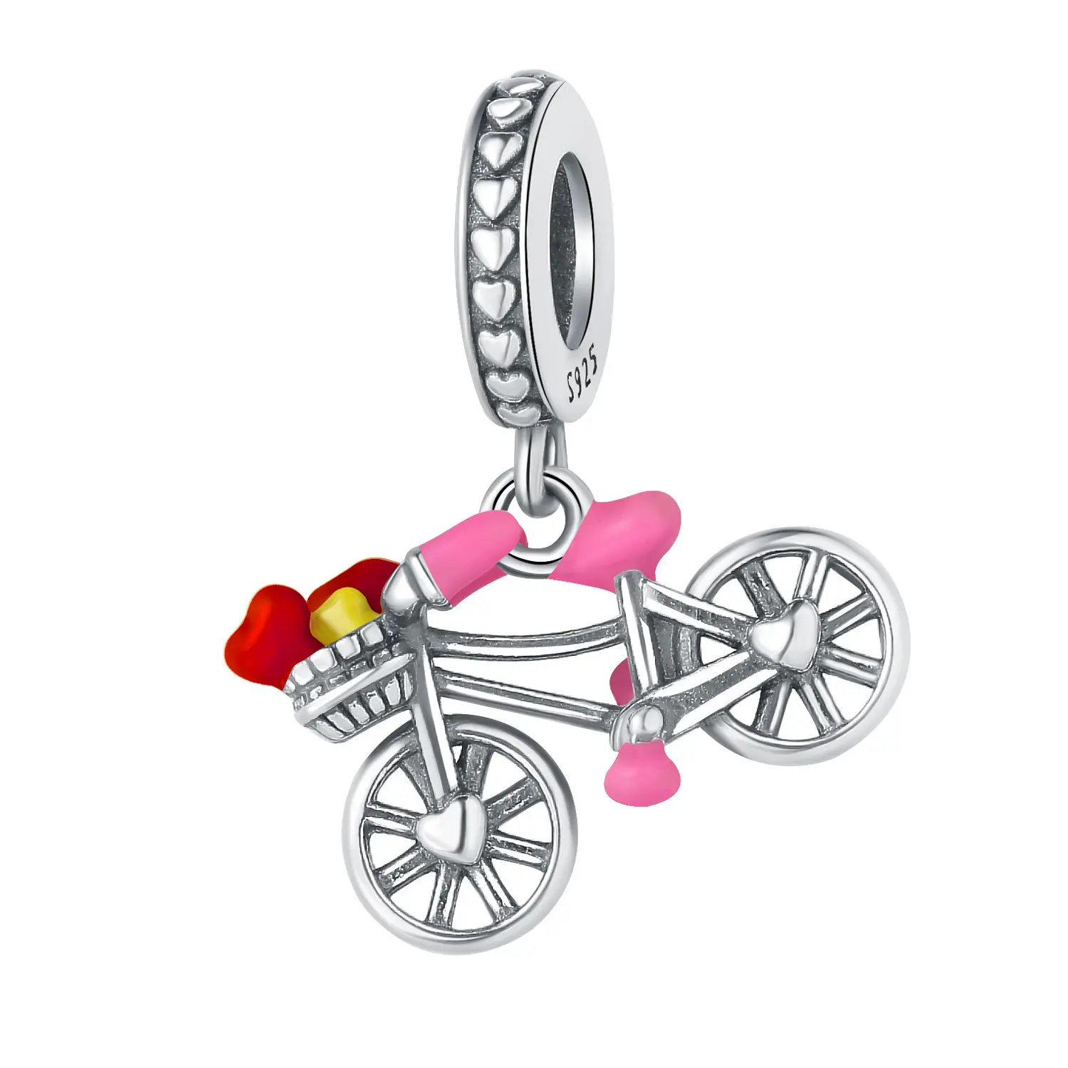 Fashion vehicle charm S925 silver pink enamel love heart bicycle pendant for bracelet necklace making jewelry accessories