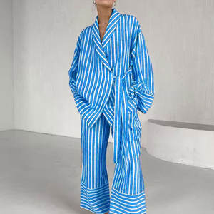 Conjunto <span class=keywords><strong>de</strong></span> Mujer <span class=keywords><strong>de</strong></span> Nuevo Diseño, Alta Calidad, Moda Femenina, 100% <span class=keywords><strong>Lino</strong></span>, Holgado, con Cinturones, Camisa a Rayas y <span class=keywords><strong>Pantalones</strong></span> Rectos Amarillos - Product Image 3