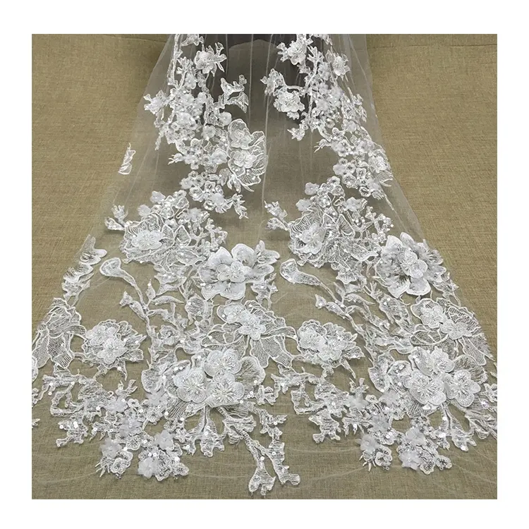 China supplier beautiful french 3d flowers beaded embroidery lace fabric for wedding dress