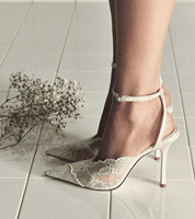 Escarpins de mariage sexy en dentelle blanche, talons aiguilles de 100 mm, en cuir véritable, sandales à lanières avec bride cheville, scintillantes, pour bal de promo, couleur ivoire