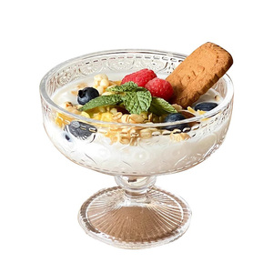 Cangkir Dessert Prancis Mewah Berukir Bergaris, Mangkuk Buah Yoghurt Bertangkai Tinggi, Gelas Es Krim Transparan - Product Image 6