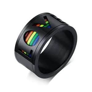 Grosir desain baru cincin putar baja tahan karat berlapis pelangi Gay Lesbian Pride Spinner cincin