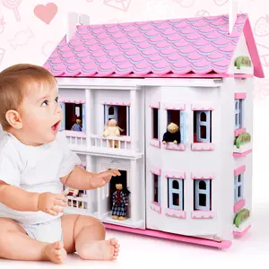 Atacado fingir jogar diy casas de bonecas rosa para meninas, fornecedor, casas de bonecas de madeira com acessórios, móveis, brinquedos do bebê, crianças