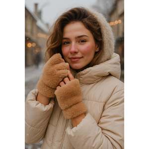 Guantes de Felpa Jacquard Beige para Mujer, Diseño Recortado, Impermeables, Mitones de Invierno Acrílicos ELD33 - Product Image 2