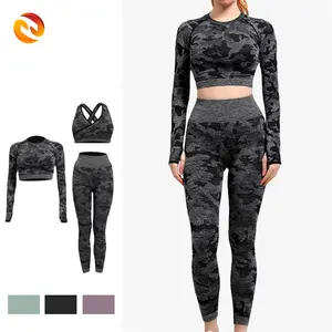 Wholesaler Multiple Colors Outdoors Fitness Wears Women Camouflage Long Sleeve Sports Tops Womens Activewear Yoga Wear Set