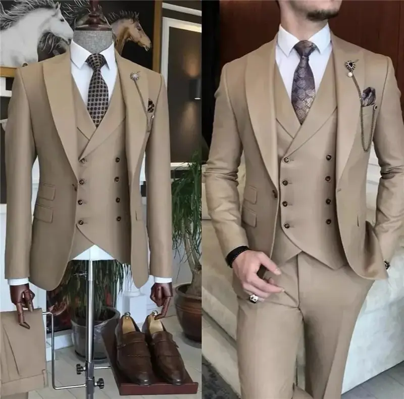 Negocios caqui Formal hombres Slim Fit trajes 3 piezas boda novio Terno Masculino personalizado hombre Blazer Hombre chaqueta chaleco pantalones conjuntos