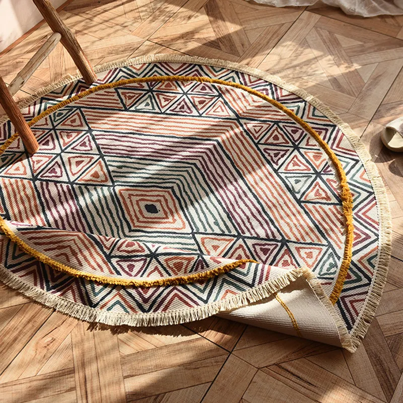 Geometric Pattern Round Floor Mats Bohemian Woven Area Rugs For Living Room Bedroom Carpet With Tassels