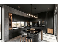 Design moderne d'armoires de cuisine murales en panneaux résistants à l'eau, couleur noir mat, avec îlot central
