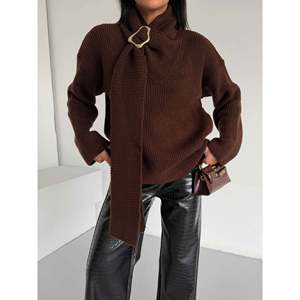 Pull-over élégant à col châle pour femme Mybeefashion, mélange chaud de polyester, acrylique et élasthanne marron pour l'automne et l'hiver - Product Image 1