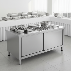 Armoire de <span class=keywords><strong>rangement</strong></span> modulaire en acier inoxydable brossé à porte coulissante, avec table de travail, pour <span class=keywords><strong>cuisine</strong></span> commerciale moderne et économique - Product Image 1