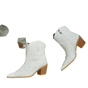 Bottes de cowboy occidentales mi-mollet pour femme, à bout pointu, hauteur genou, entièrement ornées de strass, en PU respirant, plates, pour automne-hiver – Meilleures ventes - Product Image 1