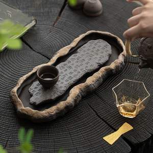 طقم شاي الكونغ فو ريترو على الطراز الياباني من الخزف الحجري مطلي بذهب سوترا القلب مع صينية شاي وإبريق سيراميك لتخزين أدوات الشاي - Product Image 3