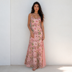Vestido Maxi Rosa Floral Tejido con Cintura Natural, sin Mangas, Cuello en V y Capa Transparente para Uso Casual o de Resort - Product Image 4