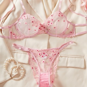 Ventes chaudes : Ensemble de soutien-gorge et culotte en dentelle florale exotique transparente en maille brodée imprimée, confortable et sexy pour femmes - Product Image 3