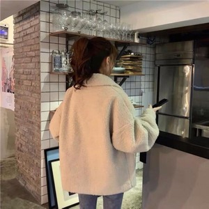 Women's Faux Fur Coat Apricot Solid Color Medium Thickness Patchwork Button Pocket Loose Short Jacket Autumn Winter Wear - Product Image 2