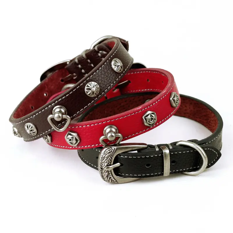 2.0cm*42cm vintage style cowhide pet collar rivets decorated small dog leather collar can be customized size