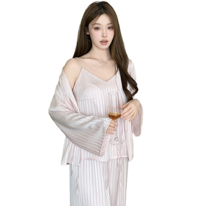 Pijamas de Primavera: Conjunto de Tres Piezas de Seda Helada Estilo Princesa - Camisola y Pantalones Largos de Alta Gama - Product Image 1