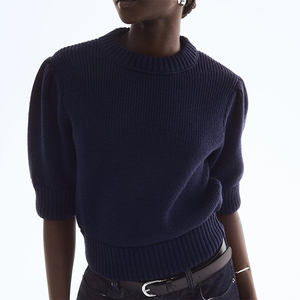 Suéter de punto acanalado color avena para mujer, cuello redondo, manga abullonada, largo recortado, dobladillo acanalado, casual, primavera otoño - Product Image 2