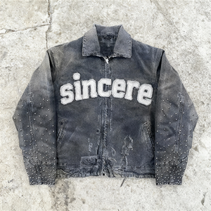 سترة عمل ديترويت للرجال مخصصة من الشركة المصنعة مع شعار مطرز وتطريز بالترتر على قماش الدنيم القطني - Product Image 2