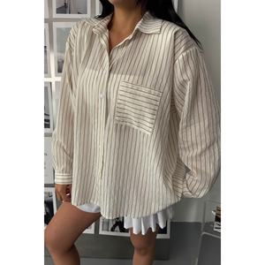 Camisa de Voile Vintage para Mujer, Otoño-Primavera, Beige, con Brillo, Rayas, Logotipo Bordado, Corduroy Tejido, Cuello Solapa, Estilo Retro Holgado - Product Image 5