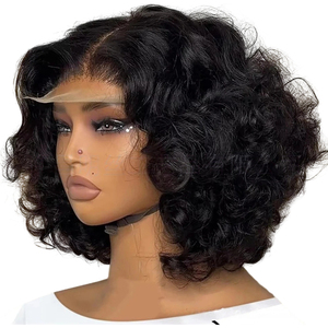 Peluca de Encaje Frontal Corta <span class=keywords><strong>y</strong></span> Rizada, Estilo Europeo <span class=keywords><strong>y</strong></span> Americano, de 12-14 Pulgadas, Puede Permanecer <span class=keywords><strong>y</strong></span> Teñirse, 250g - Product Image 1