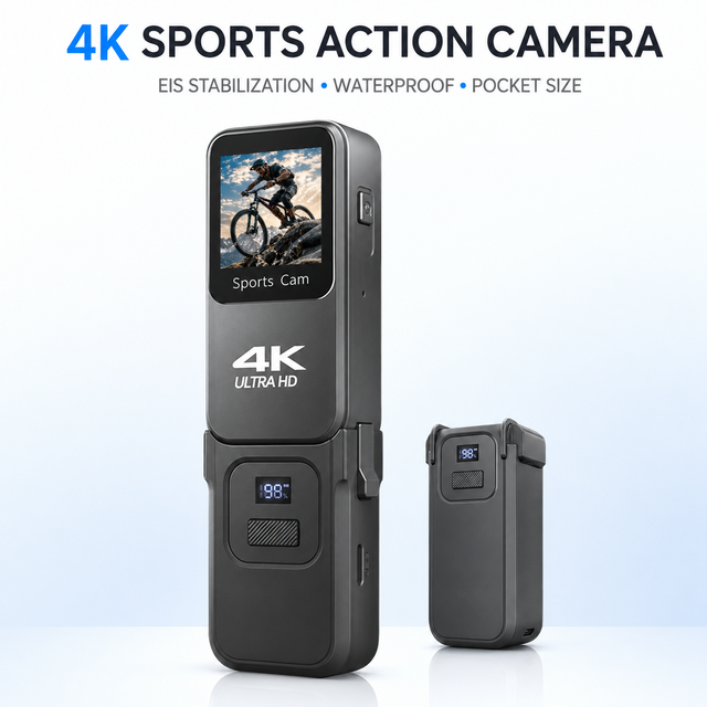 4K Sports Action Camera EIS Stabilization 8M Waterproof Shockproof Pocket Cam Charging Case 120 Wide Angle Touch Screen Cycling