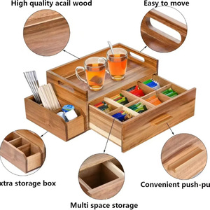 Boîte de rangement en bois avec tiroir pour dosettes de thé et de café, capacité 12L, couleur marron, organiseur de bureau avec poignées - Product Image 3