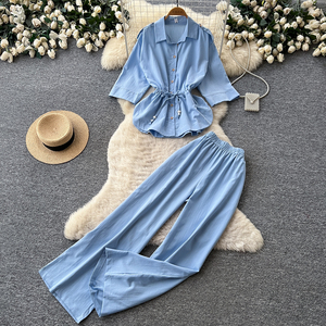 Conjuntos Casuales de 2 Piezas para <span class=keywords><strong>Mujer</strong></span>, Camisa de Manga 3/4 con Cuello y Cordón en la Cintura, Pantalones Anchos con Cintura Elástica, Conjuntos de Primavera/Verano - Product Image 2