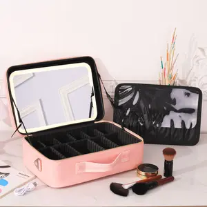 Tas makeup travel cermin rias wajah portabel, dengan lampu led cermin merah muda untuk kosmetik