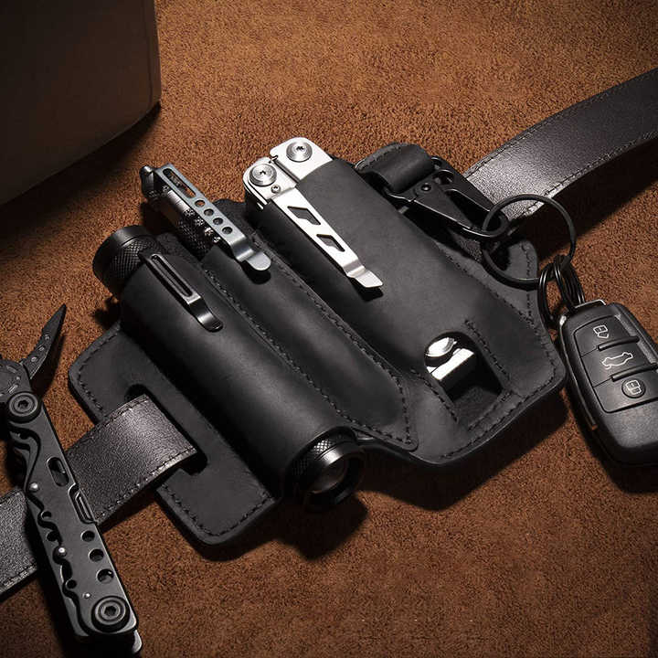 Funda De Cuero Para Multiherramienta EDC - Con Trabilla Para Cinturón, Cuero Genuino, Para Cuchillos, Linternas Y Bolígrafos