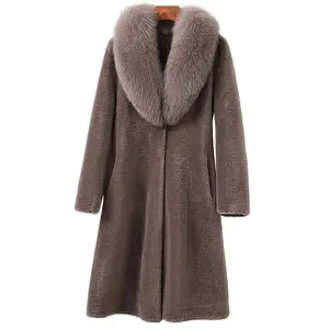 ब्रांड डिज़ाइन भेड़ कतरनी कोट शीतकालीन कोट मध्यम लंबाई के कोट महिला फॉक्स फर फ़ॉलर