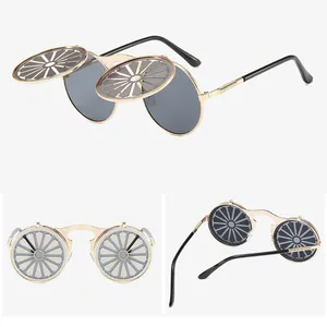 Vendita all'ingrosso occhiali da sole ruota-New round frame retro wheel flip unique design cool stock sunglasses for party show