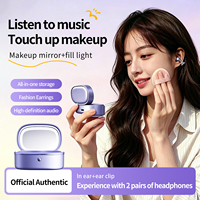 Écouteurs Bluetooth M195 avec miroir de maquillage intégré, double oreillette, lumière d'appoint, réduction du bruit, clip d'oreille ouvert et écouteurs sans fil