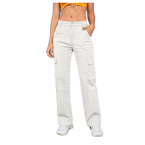 Pantalones Cargo Multibolsillos de Mezclilla para Mujer, Estilo Urbano, Lavables, Holgados, de Pierna Recta, Cintura Alta, para Invierno y Verano, con Efecto Arrugado - Product Image 1