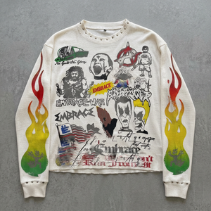 Men's <b>Long</b> <b>Sleeve</b> Printed Knitted <b>T</b>-<b>Shirt</b> O-Neck Street Style Cartoon Pattern <b>White</b> Oversized 100% Cotton Breathable - Product Image 3
