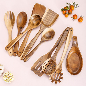 Ustensiles de cuisine en bois d'acacia naturel en gros : spatules et cuillères avec support en bois pour poêles et gadgets de cuisine - Product Image 2