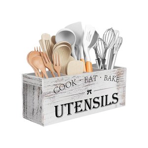 Organisateur de cuisine rectangulaire en bois de pin blanc rustique avec 5 séparateurs amovibles, grand porte-ustensiles facile à nettoyer - Product Image 2