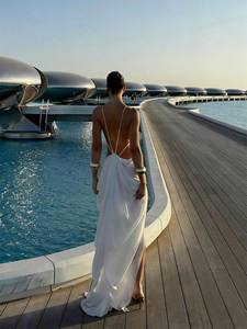 Abito lungo da donna in cashmere <span class=keywords><strong>bianco</strong></span> <span class=keywords><strong>con</strong></span> scollo a V, spalline sottili, design sexy per le vacanze, <span class=keywords><strong>con</strong></span> <span class=keywords><strong>spacco</strong></span> alto e schiena scavata - Product Image 3