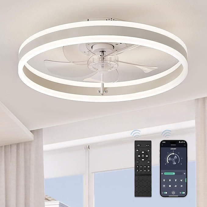 Modern Intelligent LED Ceiling Fan Light Remote Control Low Profile Flush Mount 5 Blades Three Color 6 Wind Speeds Plastic Lamp