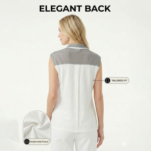 Chaleco Casual Transpirable de Algodón y Lino para Mujer, con Bloques de Color Gris y Blanco, Cuello <span class=keywords><strong>Polo</strong></span> y Sin Mangas - Product Image 2
