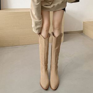 Bottes mi-hautes en <span class=keywords><strong>daim</strong></span> <span class=keywords><strong>beige</strong></span> décontractées Cialisa, en cuir véritable, pour l'automne et l'hiver, talons blocs, bottes longues noires de style western - Product Image 3