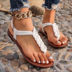 Women Braided T‑Strap Flat Thong <b>Sandals</b> <b>Elastic</b> Ankle Strap Summer Open Toe Beach Casual Walking Shoes - Product Image 4