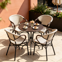 Ensemble de mobilier de patio extérieur style bistrot français, très résistant aux intempéries et aux UV, en rotin PE, avec table ronde et fauteuils à accoudoirs – Vente chaude
