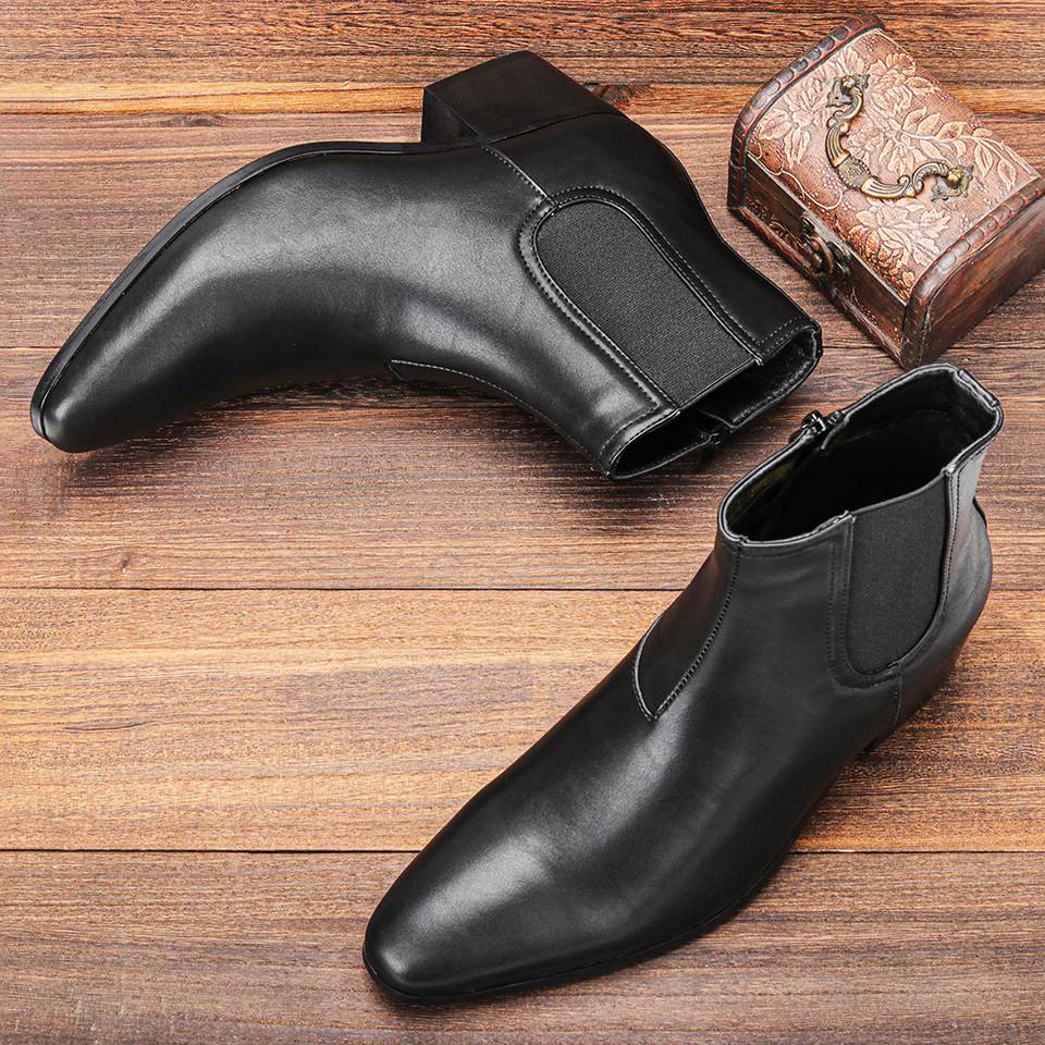 Men's Chelsea Boots Height Increasing High Heel Leather Ankle Boots Stylish Black Premium Quality Boots For Formal Occasion