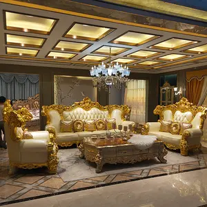 Luxo moderno Custom Gold Casamento Real Home Sala Estilo Europeu Couro Genuíno Sofá Combinação Seccional De Madeira