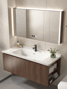 New bathroom cabinet walnut ceramic basin solid wood side storage wash basin <b>mirror</b> cabinet - Product Image 3