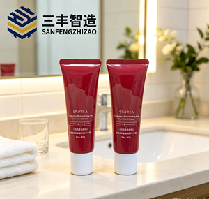 Tube cosmétique rouge à presser avec capuchon blanc pour crème pour les mains - Product Image 4